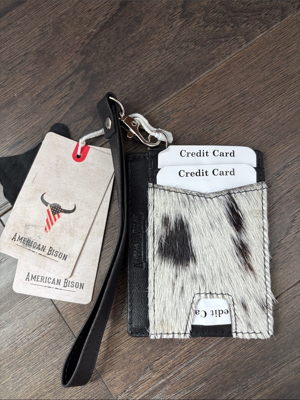 American Bison Genuine Leather Hair Hide  RFID 3 card, 1 ID window,slash pocket